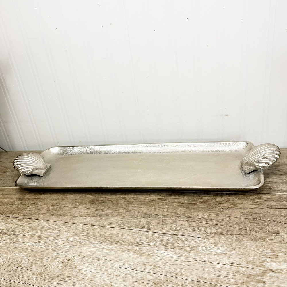 Vintage Shell Handled Silver Tray, Aluminum Serving Platter - Picture 8 of 12